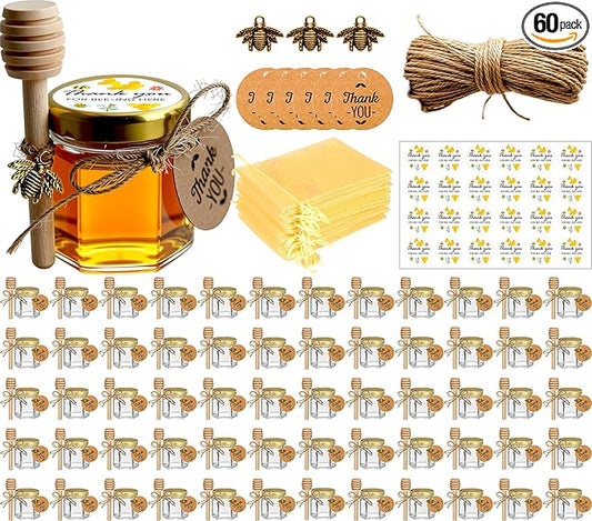 Adabocute Mini Honey Jars with Dipper - Hexagon Honey Pot Set with Gold Lid, Bee Pendants, Jutes, Gold Organza Bags and Stickers - Perfect for Baby Shower Party Favors Wedding Favors, 60 Pack 1.5oz