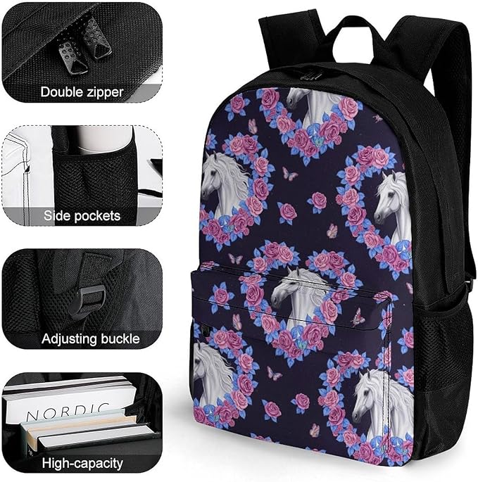 Sporty Travel Hiking Rucksack Gym Outdoor Bag Flowers Heart Horse Daypack Backpack Men Women