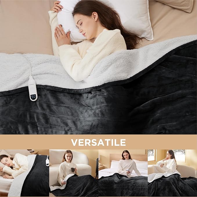 Bedsure Electric Blanket Twin - Soft Flannel Heated Blanket, Fast Heating with 10 Time Settings & 6 Heat Settings, Warm Gift for Grandma (62x84 inches, Black)