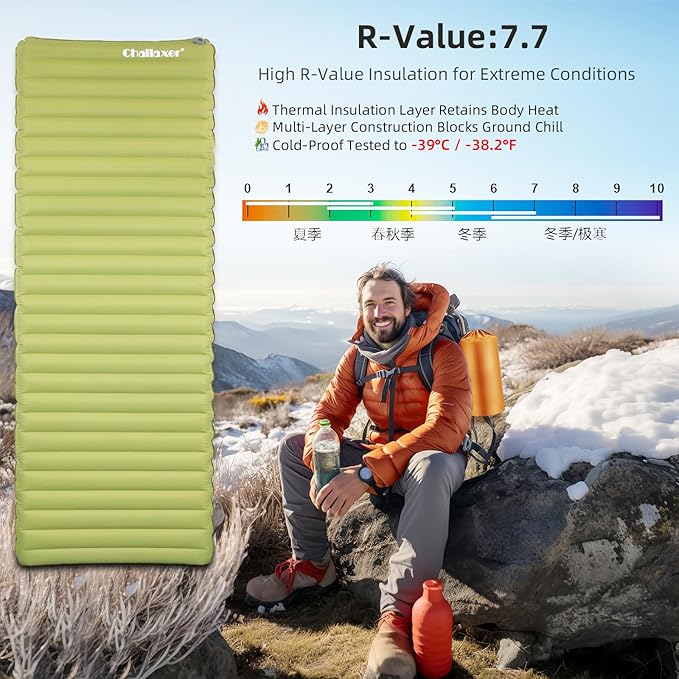 7.7 R-Value Insulated Inflatable Sleeping Pad for Cold Weather Camping & Backpacking, Ultralight, 72x26 inches, 3.62" Thickness, Waterproof & Compact for Winter Adventures