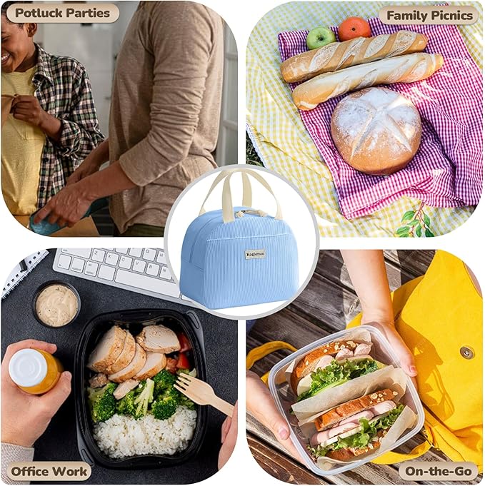 Lunch Bag for Women Men Cute Corduroy Lunch Tote Bags Reusable Insulated Lunch Box Large Capacity Reusable Insulated Cooler for Work/Picnic/Travel (Corduroy Light Blue)