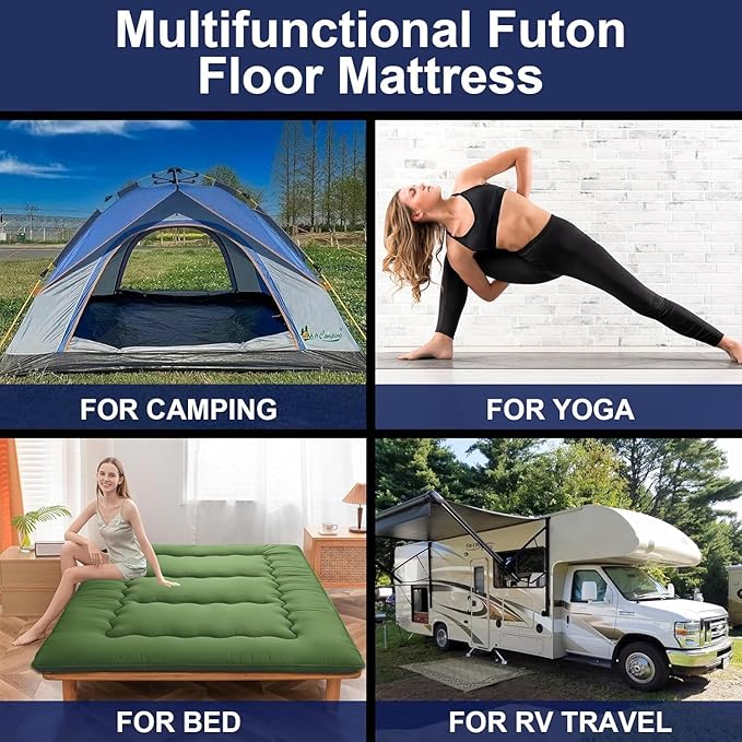 Japanese Floor Mattress,Thicken Japanese Floor Sleeping Pad Foldable,Roll Up Tatami Mat Easy to Store and Portable,Futon Mattress Suitable for Camping and Guest Room (Green, Queen (80" X 60"))