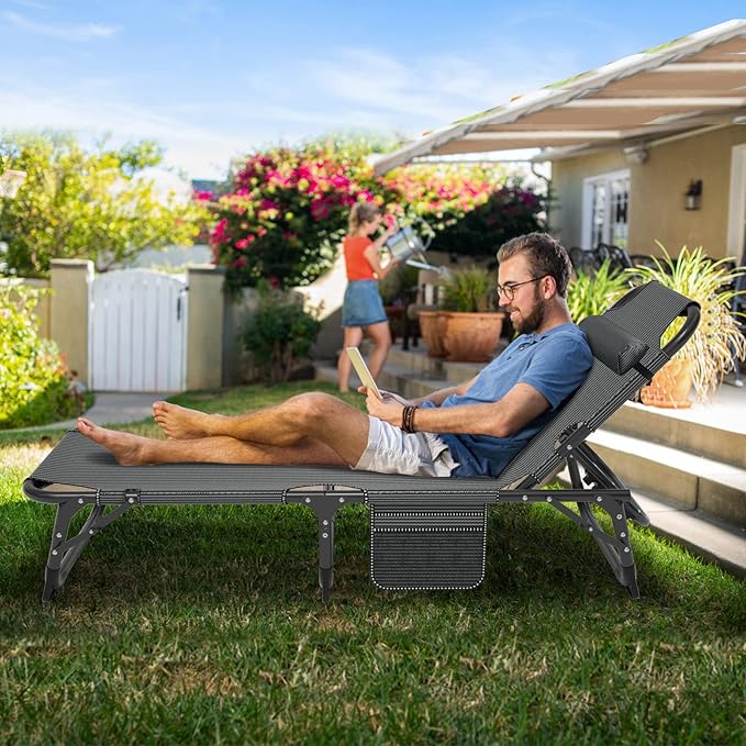ABORON 3-in-1 Folding Patio Lounge Chair, 440LB Heavy-Duty Tri-Fold Guest Bed with Plush Cotton Cushion, No Assembly Adjustable Recliner for Office Nap, Patio Sunbathing, Poolside & Camping