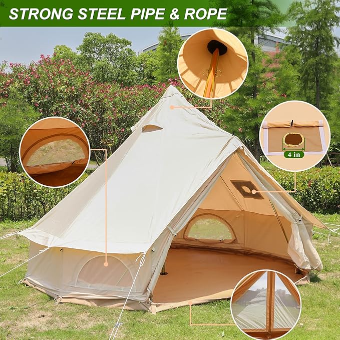 Cotton Canvas Bell Tent, Luxury Glamping Tent, Yurt Tents for for All Year Living, Waterproof Bell Tent for 4/8/10/12 Person Family Camping Outdoor Hunting Christmas Party in 4 Seasons 13.1Ft/4M