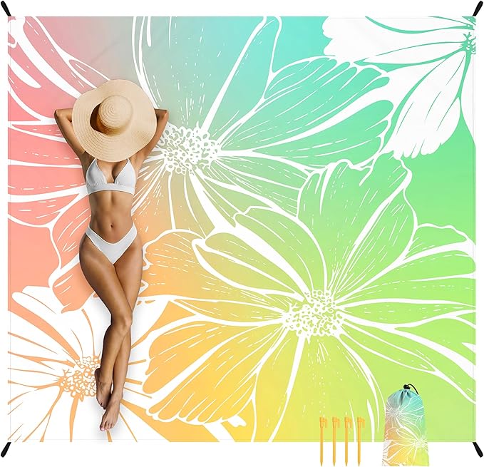 Beach Blanket, Waterproof Sandproof Beach Mat with 4 Stakes & 4 Pockets, 78''×86'' Large Compact Lightweight Sand Free Outdoor Essentials for Beach, Picnic, Travel, Camping