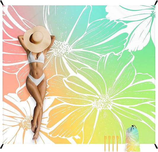 Beach Blanket, Waterproof Sandproof Beach Mat with 4 Stakes & 4 Pockets, 78''×86'' Large Compact Lightweight Sand Free Outdoor Essentials for Beach, Picnic, Travel, Camping