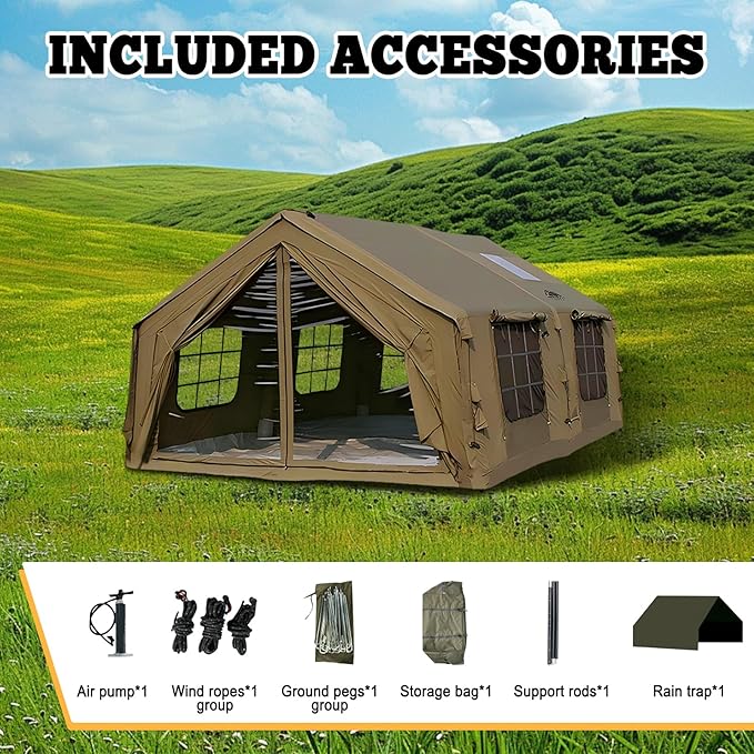 Inflatable Tent, Outdoor Easy Setup Inflatable Tents for Camping, Portable Blow Up Tent with Stove Jack, Cotton Canvas Material for Glamping, for 4 Season, 4/6/8/10 Person Use