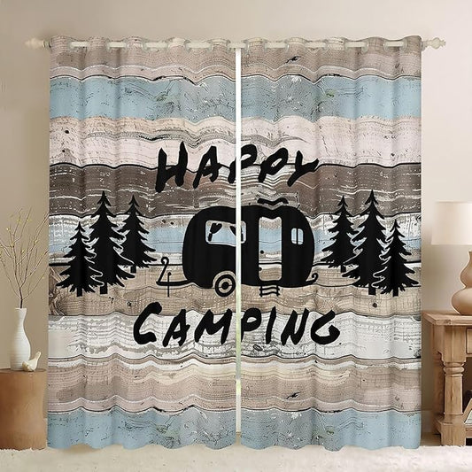 Camper Adventure Window Drapes,RV Trailer Pine Tree Natural Boys Girls Room Decor,Wooden Plank Cottage Farmhouse Blackout Curtains,Rustic Blue 2 Panels,42Wx84L inch
