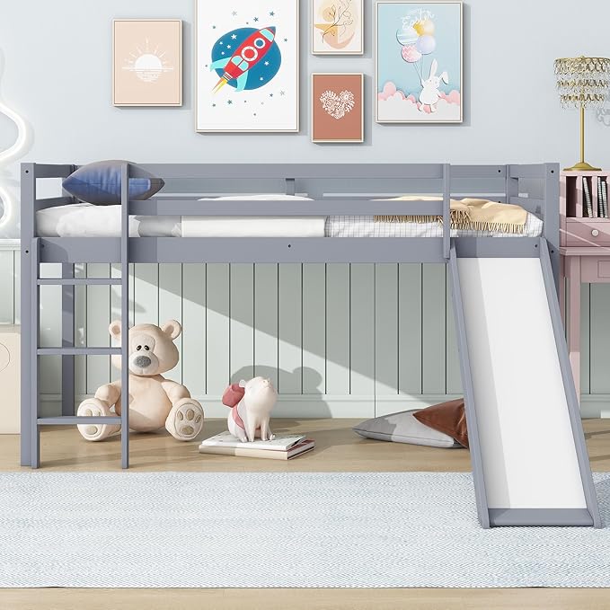 KEIKI Twin Size Low Loft Bed, Slide & Ladder, Guardrails, Rubber Wood, Grey