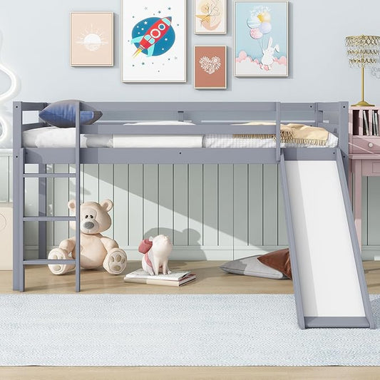 KEIKI Twin Size Low Loft Bed, Slide & Ladder, Guardrails, Rubber Wood, Grey
