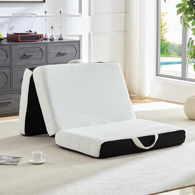 Foldable Mattress, Twin Tri-Fold Memory Foam Mattress Topper with Washable Cover, Handle & Non-Slip Bottom, 4 Inch Portable Folding Bed for Guest, Yoga, Living Room, Camping - 75"x38"x4"
