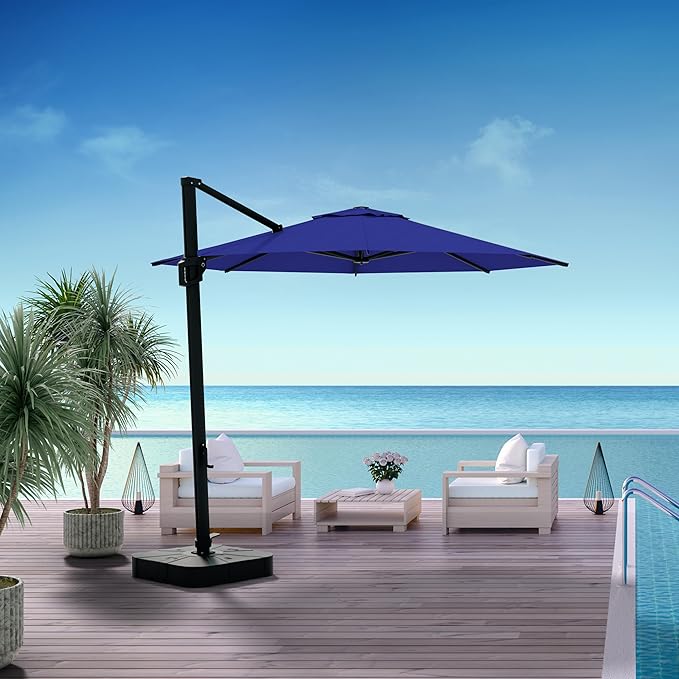 Midtown Umbrellas 10 Ft Outdoor Cantilever Patio Umbrella w/Terylast Royal Blue Fabric - Rotate Tilt 360° Offset Patio Umbrella, Deck Patio Umbrella, Backyard Umbrella & Garden Umbrella - Black Frame