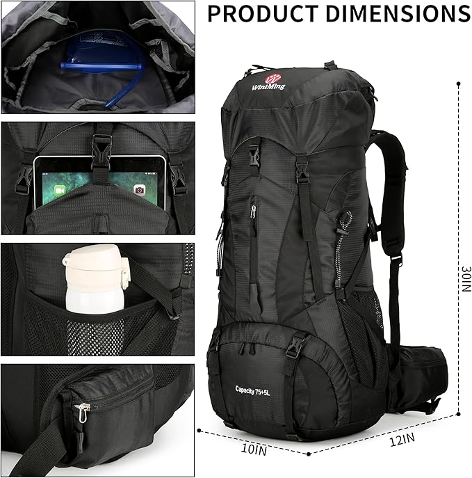 Hiking Backpack for Men and Women 70L+5L Waterproof Lightweight Camping Daypack with Rain Cover - Frameless (black-b)