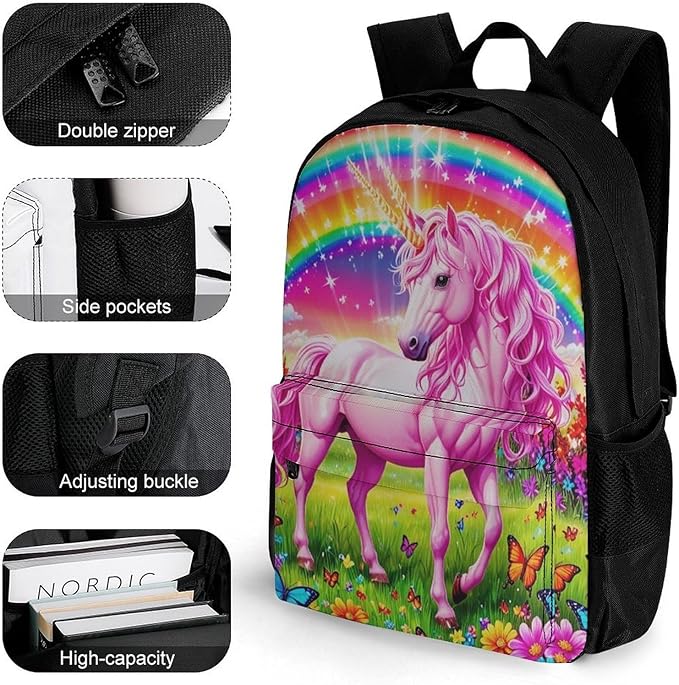 Supdreamc Men Women Polyester Rainbow Unicorns And Butterflies Backpack Large Capacity Bookbag With Smooth Zippers for Climbing Picnic Bicycle