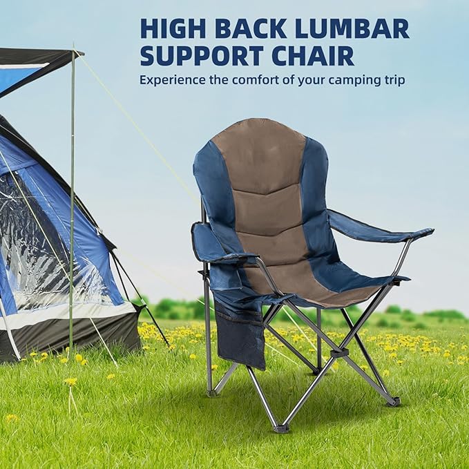 2 Pack Folding Camping Chairs for Adults - High Back Padded Portable Outdoor Lawn Chairs 400lbs Capacity, Adjustable Armrests - Lightweight Camp Chairs Set (Blue & Brown)