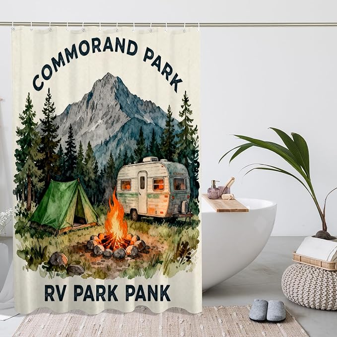 Mountain Shower Curtain, Outdoor Adventure Tent Campfire Summer Green Waterproof Fabric Design Print Bath Curtains for Bathroom Bathtub Apartment Decor 72x78 Inch