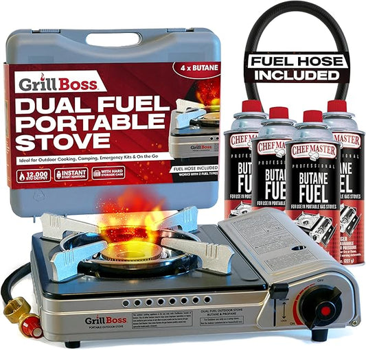 Dual Fuel Portable Stove Combo, Dual Fuel Butane & Propane Stove, 12K BTU Portable Camping Stoves w/ 4 x 8 oz. Butane Tin Canister for Camping, Emergencies & Outdoor Cooking, Grill by Grill Boss 90057