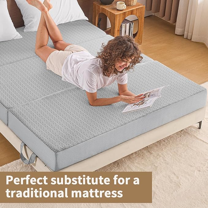 CYMULA Folding Mattress Queen Size, Memory Foam 6 inch Tri Portable Trifold Mattress Futon Topper Queen with Breathable & Washable Cover, Murphy Bed Guest Bed,Grey (58"x75"x6")