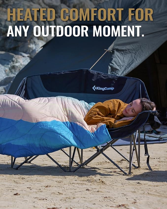 KingCamp Heated Double Camping Chair, Oversized 660lbs Heavy Duty Loveseat for Adults Portable Folding XL 2 Person Couch Padded Comfortable with 3 Heat Levels for Outdoor Sports Lawn, Black/Grey