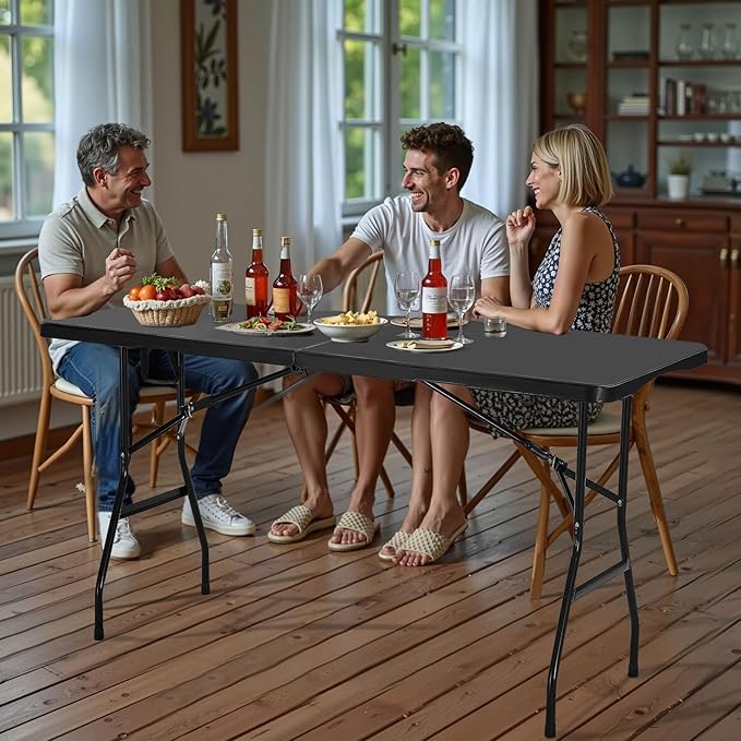 VEVOR Folding Table, 6 Ft Heavy Duty Portable Fold-in-Half Utility Table, Indoor Outdoor Plastic Rectangle Table with Built in Handle, for Party, Dining, Wedding, Events, Picnic, Camping, Black