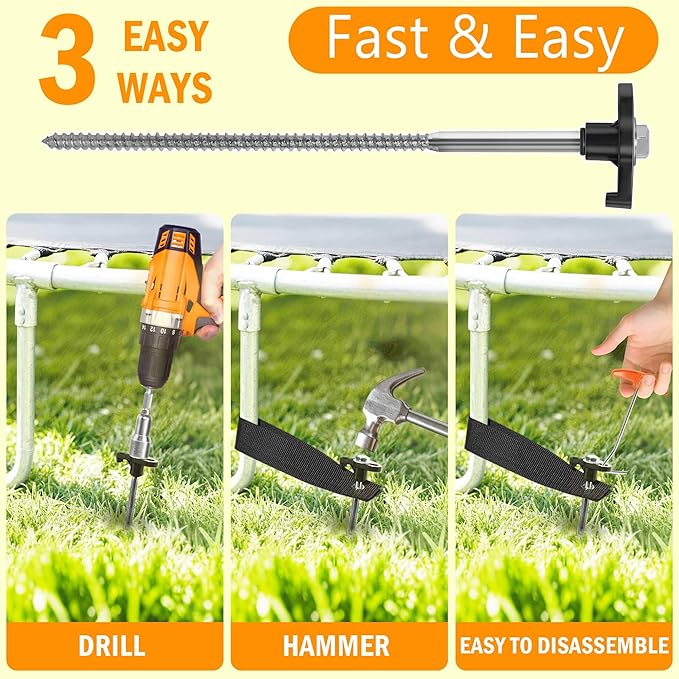 Trampoline Stakes Heavy Duty, 10 Inch 8 Pack Ground Anchor Screw in, Trampoline Earth Anchor Kit with Straps Tent Stakes High Wind Swing Set Accessories for Camping, Securing Animals, Canopy, Sheds