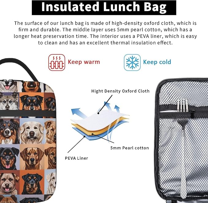 Cute Dog Insulated Lunch Box for Women Men Playful Pet Design Lunch Bag for Work,Picnic,Travel,Hiking,Beach or Fishing Polyester Animal Lovers Lunch Box