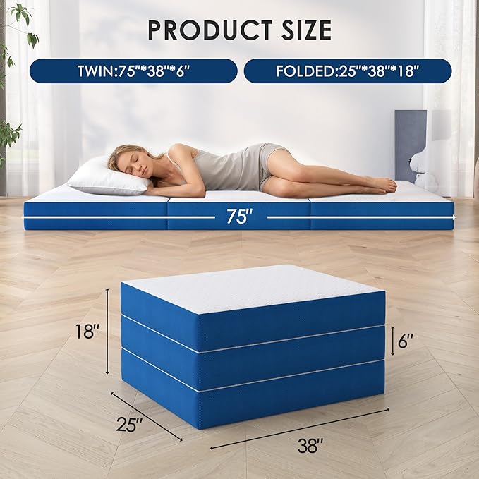 6 Inch Tri-Fold Mattress Twin Size, Portable Memory Foam Guest Bed with CertiPUR-US Certified Cooling Gel & Washable Cover, Folding Mattress for Camping, Dorm, RV & Living Room