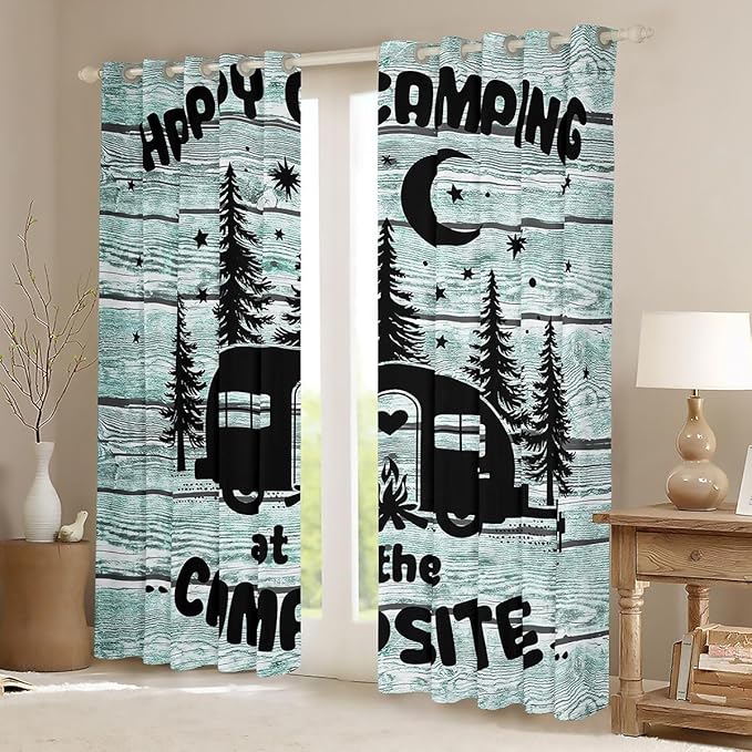 Feelyou Happy Camping Curtains for Bedroom Living Room Rv Camping Camper Blackout Darkening Drapes Travel Trailers Window Treatments, 2 Panels 38 x 54 Inch Room Decor