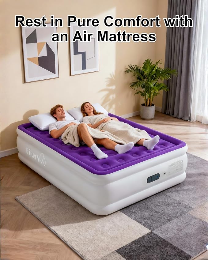 Full Air Mattress with Built in Pump, Inflatable Mattress for Home, Blow up Air Bed 3 Min Quick Inflation and Deflation, Thin Velvet Top, 18'' Full Size Purple