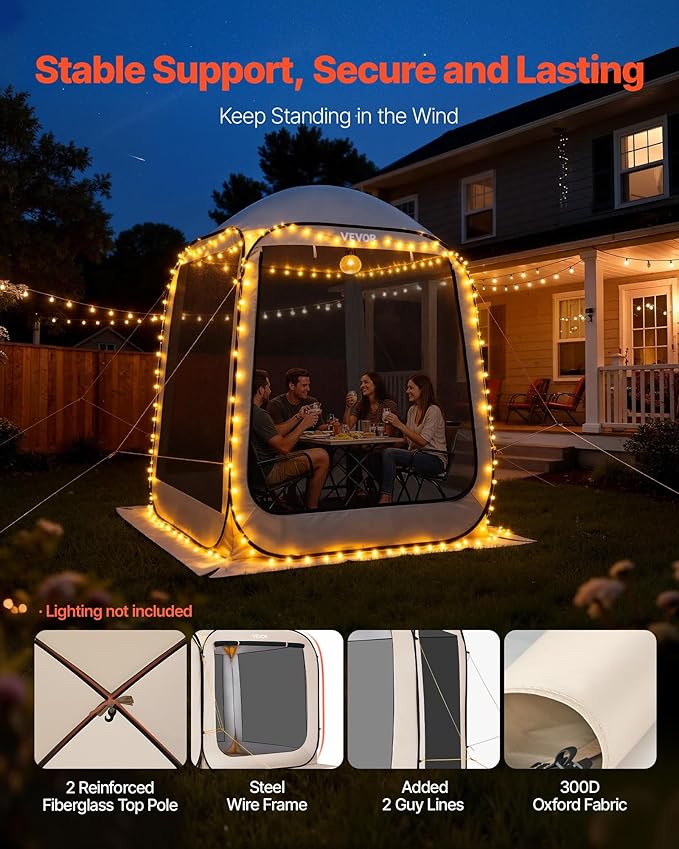 Screen House Tent VEVOR 6x6FT Pop-Up Screen Tent for 4–6 Person, Portable Screen Room Gazebo with Netting, Carry Bag & Ground Stakes, Instant Screen Canopy for Patio Backyard Garden Camping