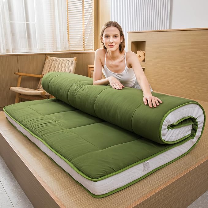 MAXYOYO Futon Mattress, Padded Japanese Floor Mattress Quilted Bed Mattress Topper, Extra Thick Folding Sleeping Pad Breathable Floor Lounger Guest Bed for Camping Couch, Green, Full