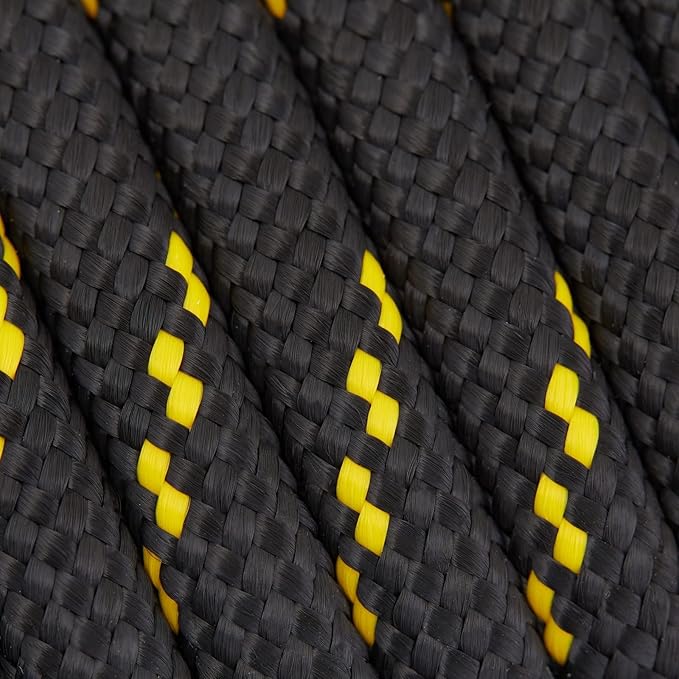 Diamond Braided Rope - 3/8 in x 100 ft, Black & Yellow Polyester - Low Stretch & High Shock Absorbency for Boat Rope, Trailer Tie Down, Emergency Shelter & Outdoor Gear