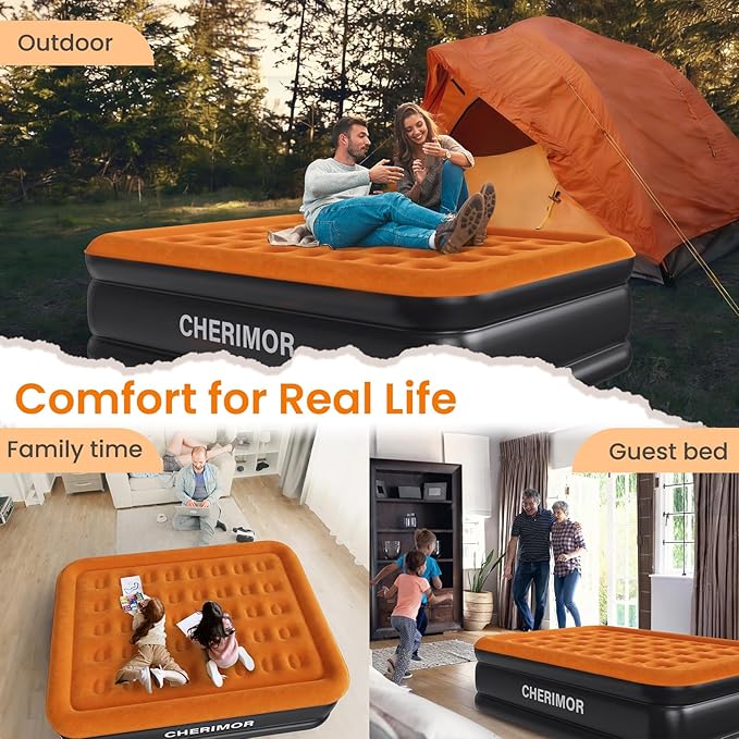 Queen Air Mattress with Built-in Pump, 800 lbs Max Support, Stable Edges Design, 48-Hour Leak-Tested Durable PVC, 3-Min Fast Inflation, Portable Inflatable Bed for Home Guests & Travel