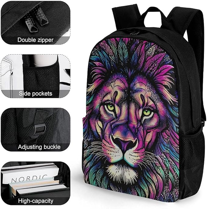 Supdreamc Lightweight Daypack for Camping Business Walking Cycling, Large Capacity Anti-Theft Multipurpose Bookbag, Colorful Lion Galaxy Art Gym Outdoor Hiking Backpack