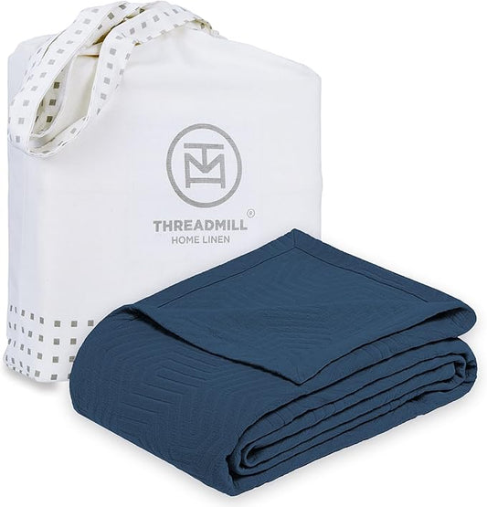 Threadmill Luxury Cotton Blankets for Twin Size Bed | All-Season 100% Cotton Twin Blanket for Bed | Aster Jacquard Lightweight, Soft & Cozy Coverlet, 350GSM, 68 x90 inches | Folkstone Blue