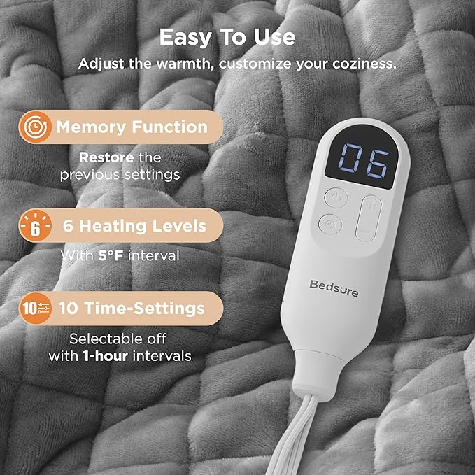 Bedsure Electric Blanket Twin - Quilted Heated Blanket Twin Size, Soft Flannel Thick Heating Blanket with 10 Time Settings & 6 Heat Settings, Warm Gifts for Women Men (62x84 inches, Formal Gray)