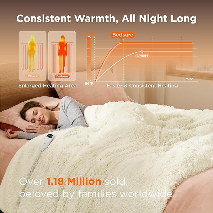 Bedsure Faux Fur Heated Blanket Twin Size, Fast Heating Fluffy Electric Blanket, Heating Blanket Twin Size with 10 Time Settings & 6 Heat Settings, Cozy Gifts for Women Men (62x84 inches, Cream)