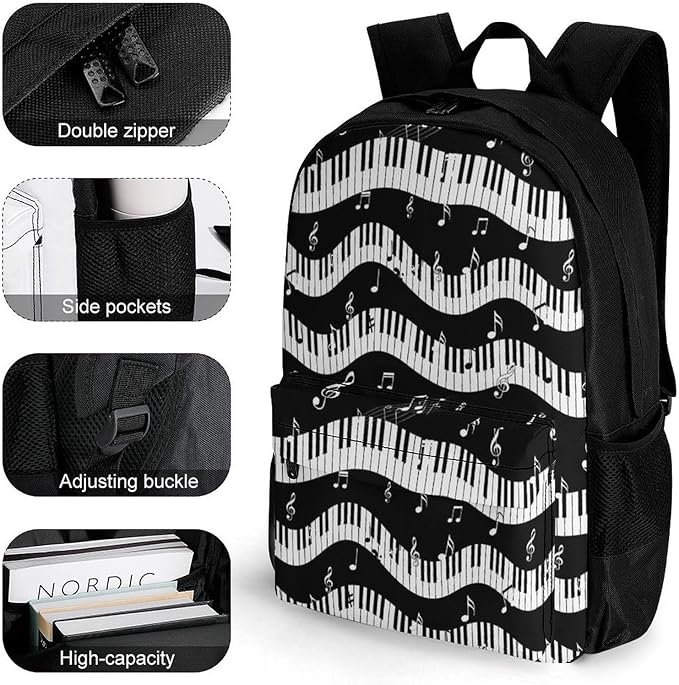 Daypack Backpack Polyester Multipurpose Anti-Theft Black And White Piano Keys Musical Notes Shoulder Bag Big Capacity Gym Outdoor Hiking Backpack With Smooth Zippers