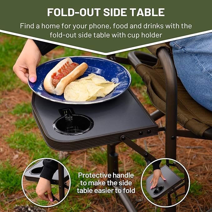 TIMBER RIDGE Folding Camping Chair with Cooler Bag, Director Chair Foldable with Side Table for Adults, Camp Chairs for Outdoor, Lawn, Sports, Fishing, Heavy Duty Supports 300lbs, Earth Brown