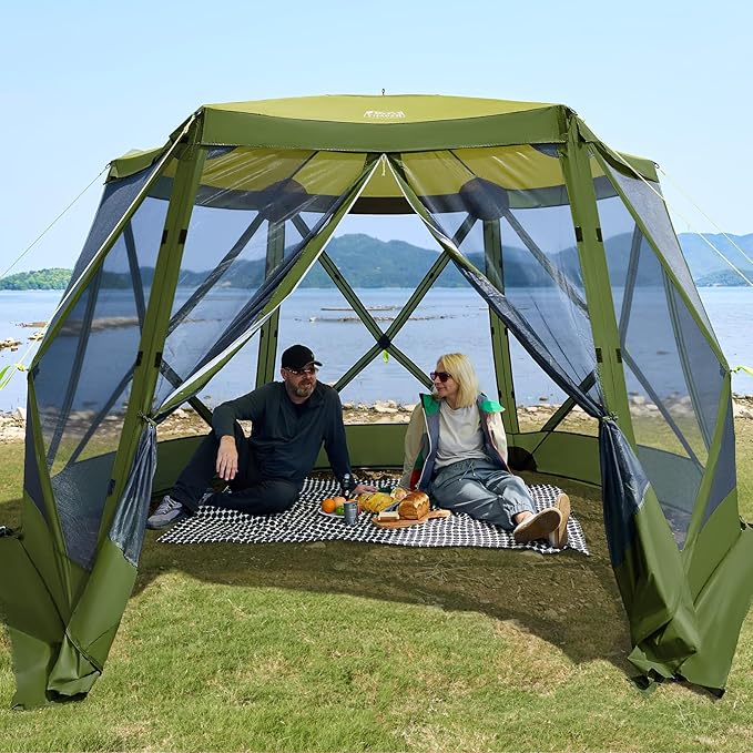 TIMBER RIDGE Easy Pop Up Gazebo Canopy Tent for Camping, 11.5 X 9.8 Ft Portable Instant Screenhouse, Pop Up Screened in Canopy with Netting for Backyard, Patio, Outdoor, Tailgating, Picnics, Green