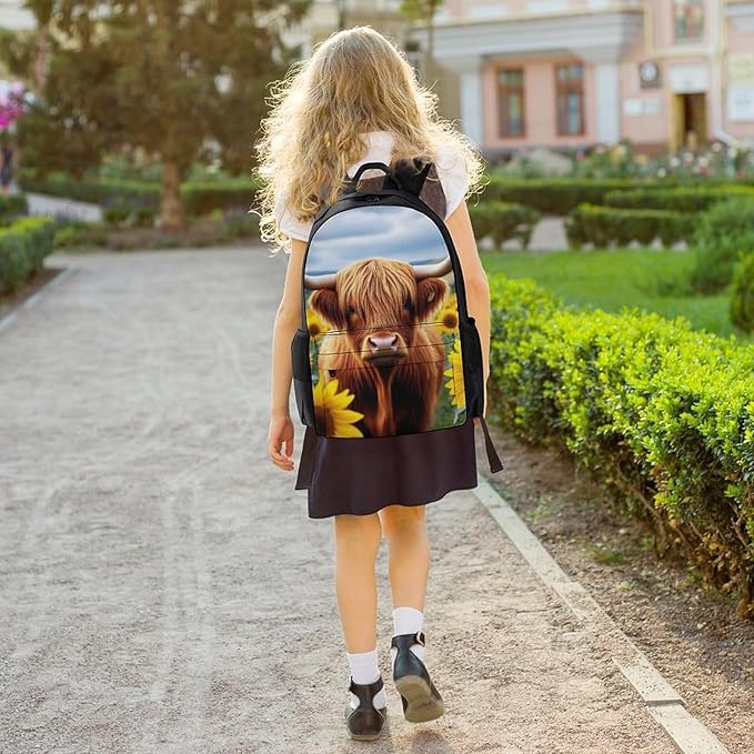 Men Women Polyester Sunflower Highland Cow Daypack Backpack Large Capacity Carry On Bag With Smooth Zippers for Hiking Picnic Walking Cycling