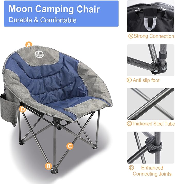 Northroad Folding Compact Camping Moon Chair, Outdoor Padded Saucer Round Chair w/Cup Holder Supports up to 300 lbs for Beach Hiking Fishing Picnic Lawn,Blue