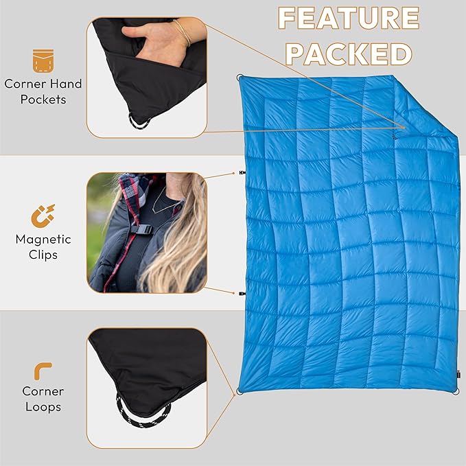 Versatile Packable Outdoor Camping Blanket, Puffy Blanket, Primaloft® Insulation, Warm, Durable, Lightweight, Waterproof, Oversize, Beach, Stadium, and More! 55"x80" (Cendre Blue)