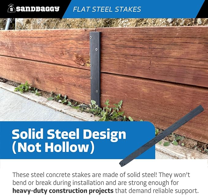 Sandbaggy Flat Steel Stakes for Concrete Forms with Nail Holes - 1.5" Wide - Painted - Removable, Reusable, V Point End - Construction Grade Stakes (10, 24 inch)