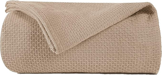 BOUTIQUO 100% Cotton Bed Blanket, Breathable Thermal Blanket King Size, Soft Honeycomb Waffle Blanket 90''x102'', Cotton Bed Blanket, Perfect for Layering Any Bed for All Season, Beige, Biege