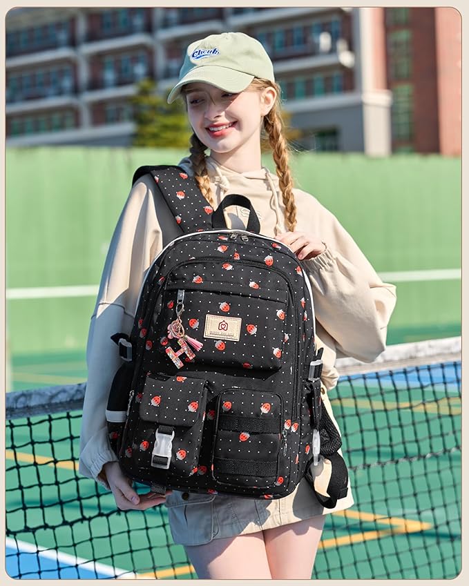 Laptop School Backpack for Teen Girls Women 15.6 Inch Cute College Backpacks Large Elementary Middle High School Bag Kids Student Strawberry Bookbag Anti Theft Travel Casual Daypack (Black-Strawberry)