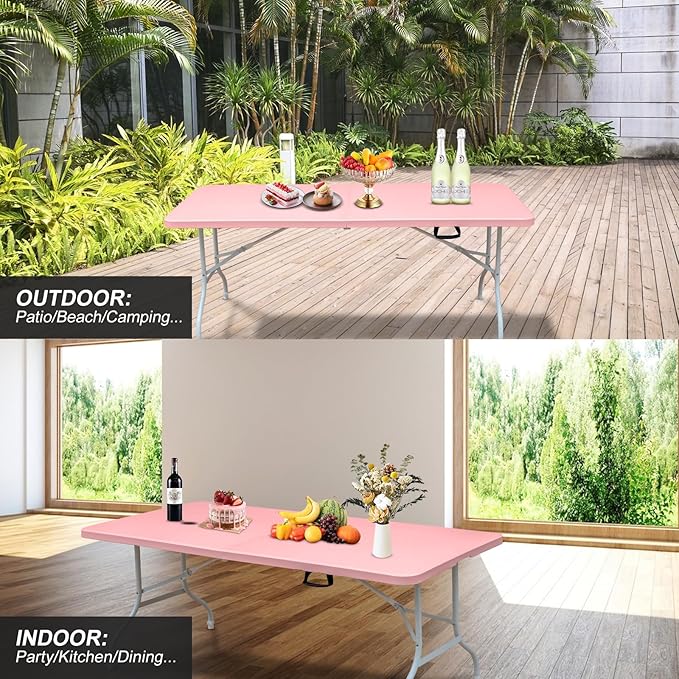 Portable Plastic Folding Table 4ft/6ft/8ft Heavy Duty White Black Picnic Dining Table Fold-in-Half for Camp Party Kitchen Indoor Outdoor (Pink, 6FT)
