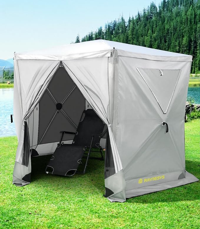 6 Sided Pop Up Gazebo Tent, Outdoor Gazebo with 6 Removable Wind Cloths, Pop-Up Canopy Shelter with Mesh Windows, Quick Set, 11x11 Feet Space, Camping Screen Tent for 8-10 Person Foldable
