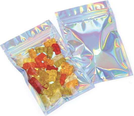 Mylar Bags with Zipper Seal 4 x 6" | 100 Bags | Rainbow Holographic | Sealable Heat Seal Bags for Candy and Food Packaging, Medications and Vitamins | For Liquid and Solids (4" x 6")