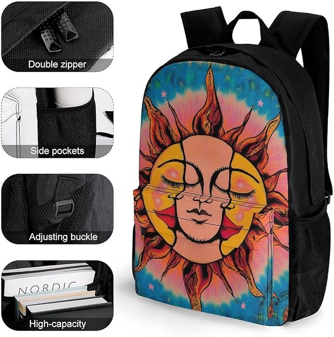 Daypack Polyester Anti-Theft Multipurpose Sun And Moon Art Bookbag Big Capacity Gym Outdoor Hiking Backpack With Adjustable Shoulder Straps